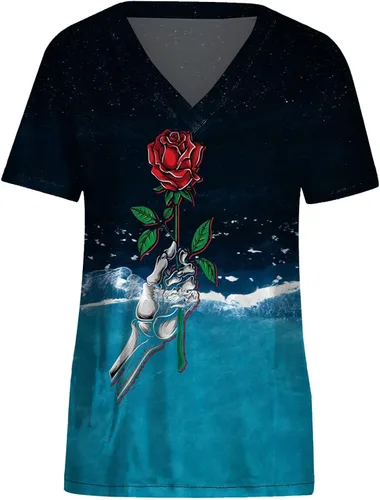 Vista 3 de Camiseta de manga corta para mujer, transpirable, con estampado floral, con temperamento, elástica, cuello en V