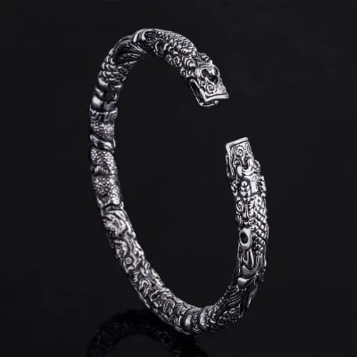Vista 4 de Viking - Pulsera de dragón de doble cabeza Pulsera ajustable de plata vintage, joyería perfecta para hombre, Plata, plateado