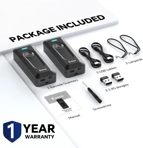 Vista 9 de Paquete de 2 escáneres de código de barras Eyoyo 2D Bluetooth inalámbrico con clip, batería de 2000 mAh con indicador de nivel, mini lector