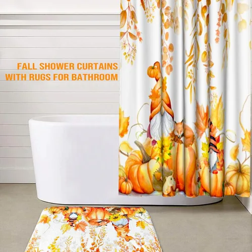 Vista 2 de Lutto Cortina de ducha de otoño para baño, juego de baño de otoño con cortina de ducha y alfombras, cortinas de ducha de calabaza de Acción