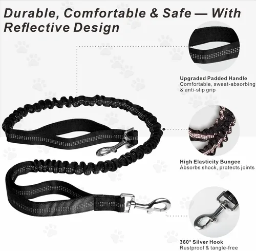 Vista 3 de Correa de perro manos libres para perros de hasta 130 libras – Correa elástica resistente que absorbe los golpes con bolsa de cremallera, asas