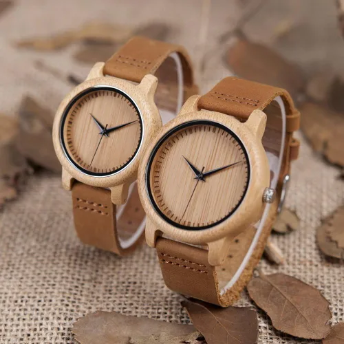 Vista 7 de BOBO BIRD Reloj de madera de bambú para hombre y mujer con correa de cuero de vaca marrón, relojes casuales de cuarzo analógico