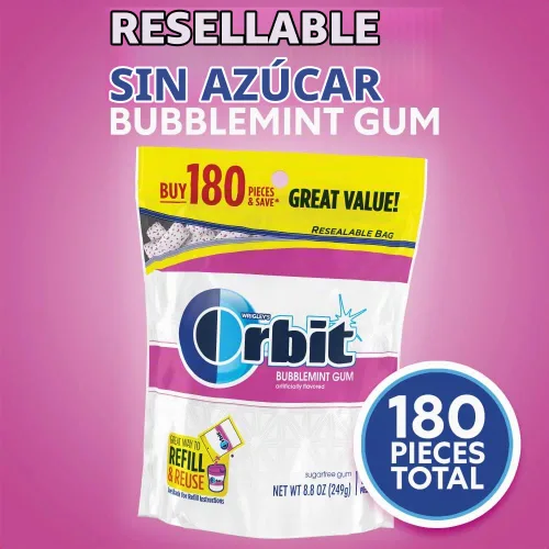 Vista 5 de ORBIT Goma de mascar Bubblemint sin azúcar, paquete a granel, bolsa de 180 unidades (paquete de 2)