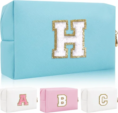Vista 26 de Bolsa de maquillaje con parche de letra inicial personalizada, bolsa de cosméticos de chenilla preppy con letra de chenilla con cremallera, Y