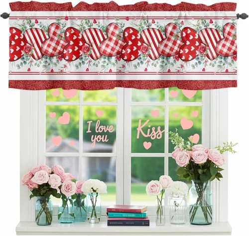 Vista 14 de Cenefa floral para ventanas, cortinas de clavel rojo y rosa, cenefas con bolsillo para barra, cenefa de ventana para primavera, vacaciones, día