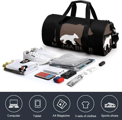 Vista 4 de Mama Bear - Bolsa de lona cilíndrica ligera para viajes, gimnasio, con correa para el hombro, para deportes, entrenamiento, yoga
