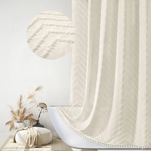 Vista 136 de Cortina de ducha Siiluminisoy de 36x72 beige, cortina de ducha de tela de tamaño pequeño, cortinas de ducha de tela con tufting, diseño chevron a