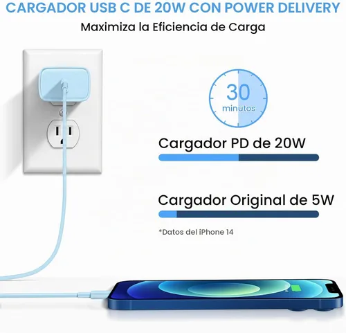 Vista 2 de Cargador de pared USB C de 20 W PD para iPhone 14 13 12 de carga rápida con cable de carga rápida de 1.8 m para iPhone 14/14 Pro/14 Pro Max/14 Azul