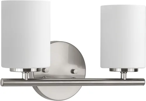 Vista 22 de Progress Lighting Lámpara moderna de tocador de baño de cristal blanco grabado con 4 luces, colección Replay, níquel cepillado (P2160-09)