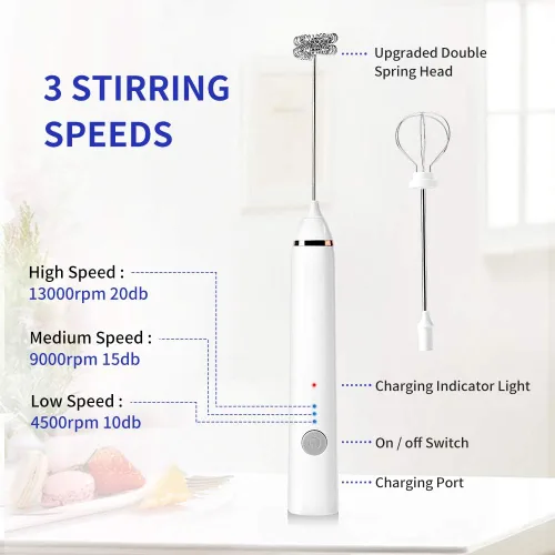 Vista 6 de Espumador de leche, espumador de leche eléctrico recargable de mano, 3 carga USB ajustable, se puede utilizar para bebidas de proteína de café a
