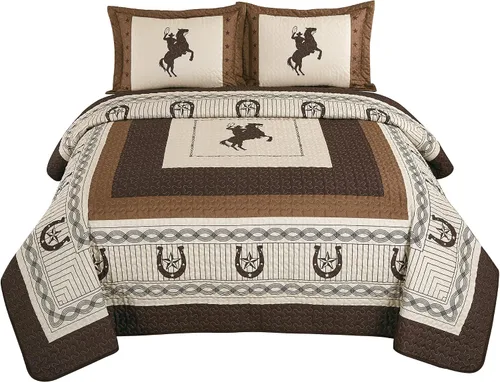 Vista 2 de Sapphire Home Juego de colcha de lujo de 3 piezas, colección Western Design, Wild Horse Country, herradura, estrella, vaquero, azul suroeste, diseño