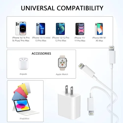 Vista 7 de Cargador de carga rápida para iPhone, paquete de 3 bloques de cargador USB C con cable Bloque de carga rápida USB C a Lightning tipo C compatible