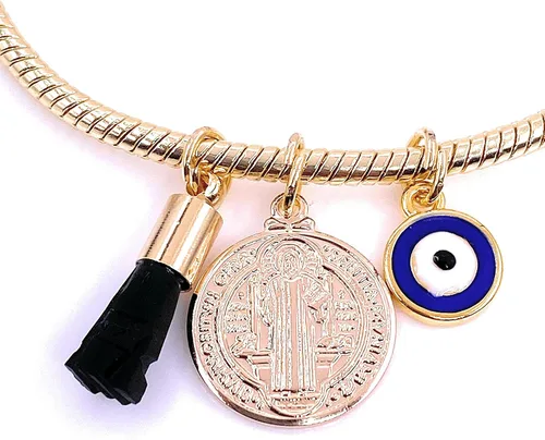 Vista 2 de LESLIE BOULES Pulsera de San Benito para mujer con dije de mal de ojo y piedra de azabache auténtica, Latón