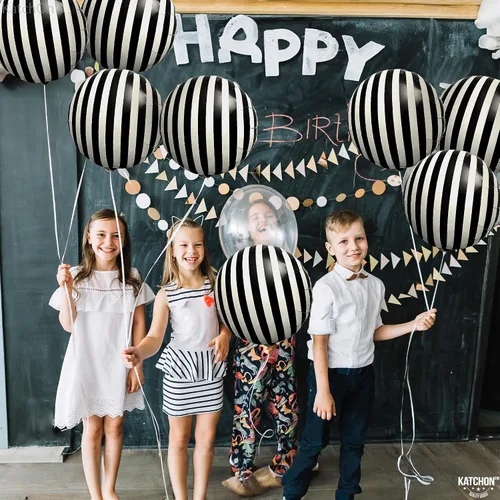 Vista 6 de KatchOn, Globos grandes a rayas blancas y negras de 18 pulgadas, paquete de 10 globos de aluminio para decoraciones de fiesta de cumpleaños