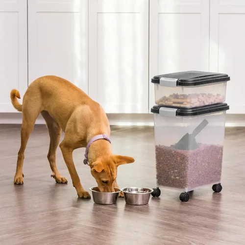 Vista 9 de IRIS USA Contenedor hermético de almacenamiento de comida para perros combinado de 30 libras y 11 libras, caja apilable para premios, cuchara de 2