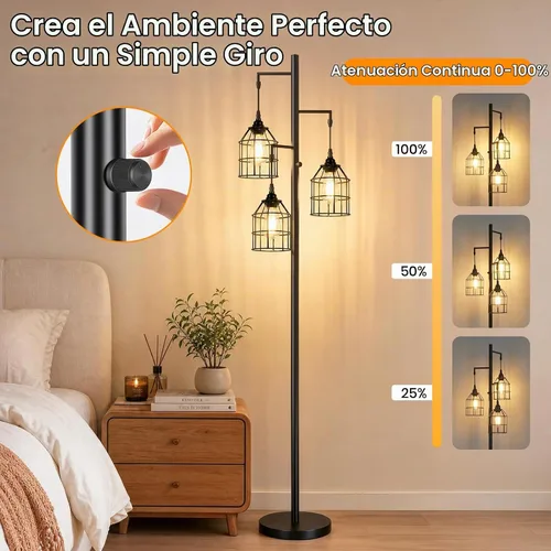 Vista 3 de Sucolite Lámpara de Pie Regulable de 70" para Sala de Estar, Lámpara de Pie Industrial de Árbol de 3 Luces Negra con Jaulas, Lámpara de Pie Alta