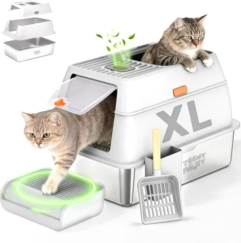 Vista 12 de Caja de arena XL de acero inoxidable para gatos con recinto y rastrillo - Caja de arena negra duradera de metal para gatos grandes, lados altos