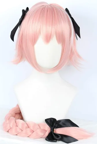 Vista 2 de Peluca larga de cosplay rosa con 3 lazos de Halloween para mujer, cabello trenzado de 37.4in