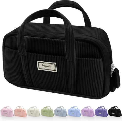 Vista 12 de Sooez Estuche grande para lápices, extra grande con 5 compartimentos, bolsa para bolígrafos de amplia apertura, organizador de pana suave con Beige