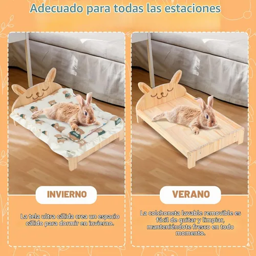 Vista 6 de BWOGUE Cama grande de madera de conejo, cama plegable 2 en 1 para mascotas con cojín reversible y almohada, fácil de montar, camas para animales