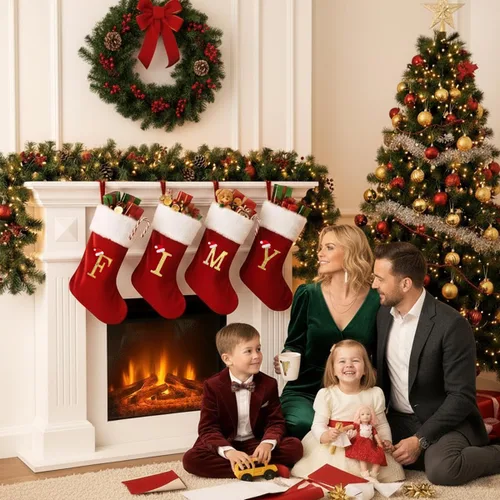 Vista 6 de Calcetines de Navidad personalizados con monograma, con inicial familiar, 20 pulgadas, puño de felpa blanca supersuave con cuerpo de terciopelo rojo