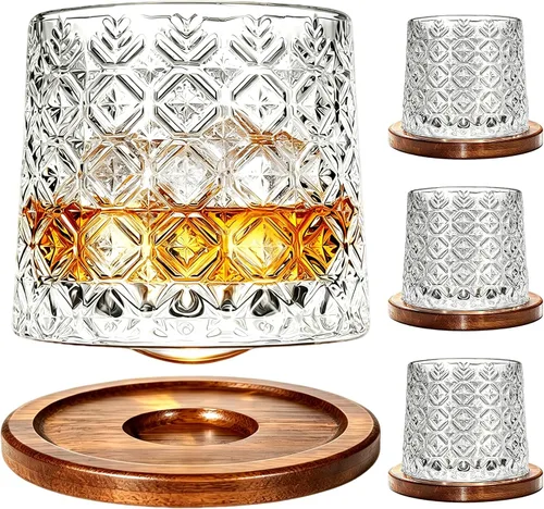 Vista 25 de Vaso de vidrio antiguo giratorio, 275ml/10oz Juego de vasos de whisky de cristal de 2 piezas, posavasos de madera, engrosamiento, utilizado como