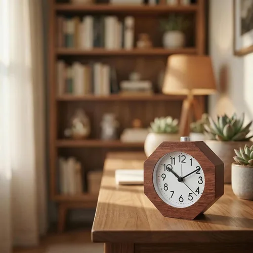 Vista 8 de Reloj despertador analógico de madera, 3 pulgadas, silencioso, silencioso, con números arábigos, función de repetición de retroiluminación, funciona