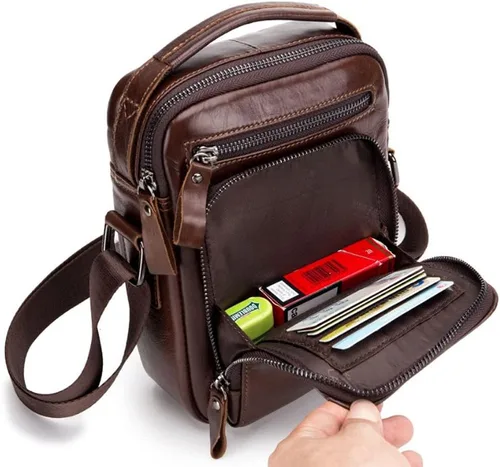 Vista 7 de Hebetag Bolso bandolera de cuero pequeño para hombre, para viajes al aire libre, negocios