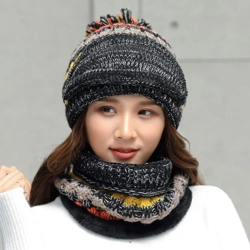 Vista 5 de Conjunto de 3 piezas para mujer, gorro de esquí, nieve, cuello, bufanda, máscara facial, pasamontañas, gorro de forro polar de punto de invierno