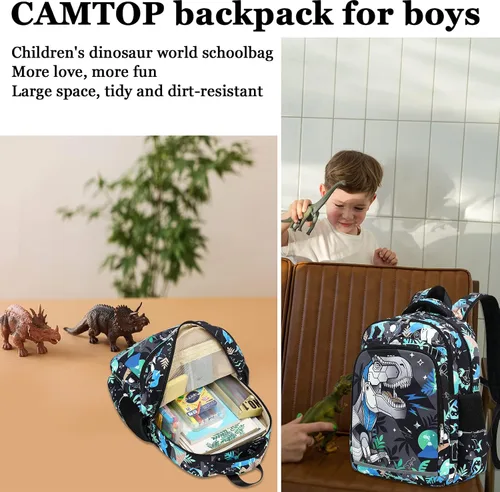 Vista 7 de CAMTOP Mochila infantil para escuela, niños y niñas, preescolar y primaria, Dinosaurio, Compacto