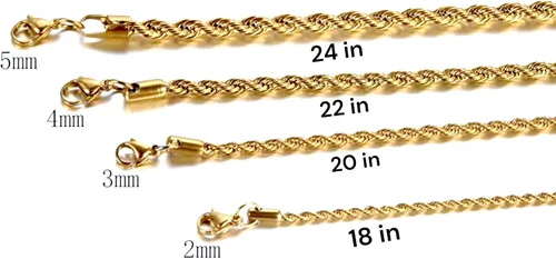 Vista 2 de Juego de 4 cadenas de cuerda chapada en oro, 0.079 in, 0.118 in, 0.157 in, 0.197 in, acero inoxidable chapado en oro para hombres y mujeres