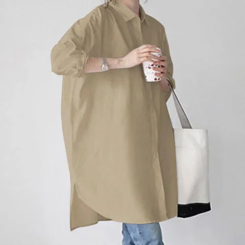 Vista 4 de Camisas largas con botones para mujer enemigos 2022 de otoño, de moda, manga larga, con cuello, blusas informales irregulares