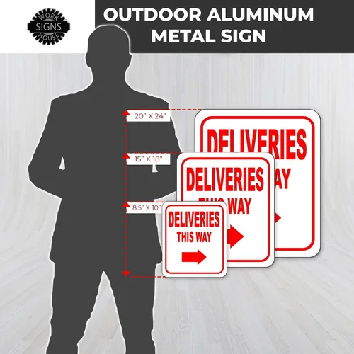 Vista 3 de Deliveries This Way con flecha derecha, letrero compuesto de aluminio, instrucciones de entrega para mis paquetes de Amazon, FedEx, USPS, UPS