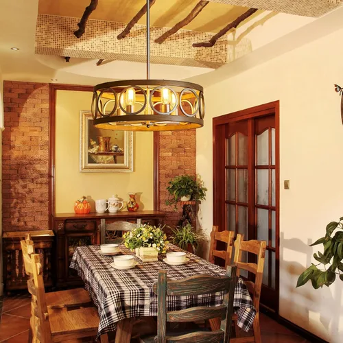 Vista 6 de XINGQI Candelabro de tambor de 21.7 pulgadas, lámpara de comedor de granja, iluminación de cocina de níquel cepillado de grano de madera, 5 luces
