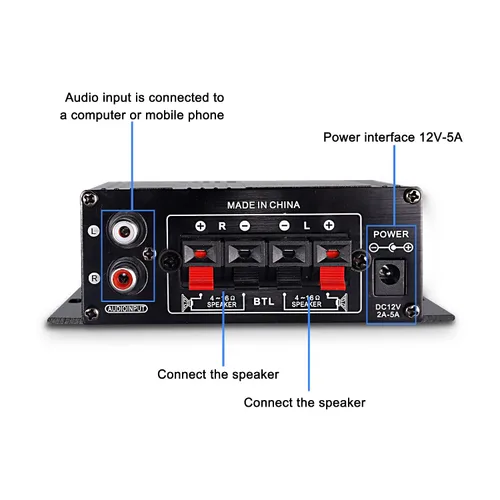 Vista 5 de XMSJSIY Amplificador de audio estéreo de alta fidelidad de 12 V para coche de 2 canales HiFi Bass Subwoofer Amp para coches CD DVD reproductor MP3