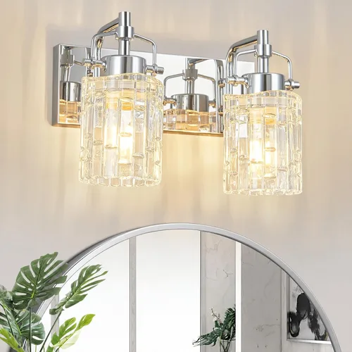 Vista 16 de Luz de Tocador de Baño de 2 Luces Moderna con Soporte de Vidrio de Cristal Luz de Baño Negra Accesorios de Iluminación de Tocador de Cristal