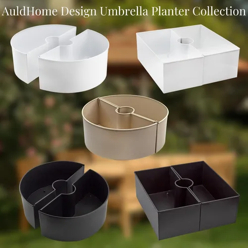 Vista 9 de AuldHome Design Maceta de Sombrilla para Mesa de Patio (Beige/Greige), con Agujero para Sombrilla, Macetas de Medio Círculo de Esmalte Negro