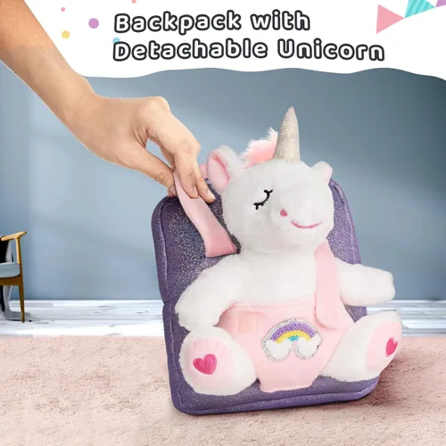 Vista 2 de Redeo Mochila de unicornio con unicornios para niñas mochila para niñas de 3 años con animales de peluche de unicornio juguetes de peluche
