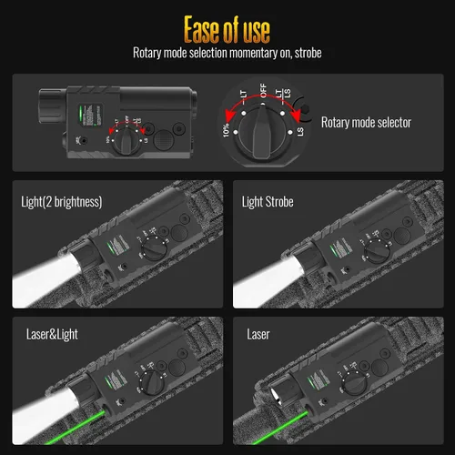 Vista 3 de Defentac - Combo de luz láser verde de aluminio con estroboscópico/momentáneo Compatible con riel Mlok/Picatinny para rifle, con interruptor