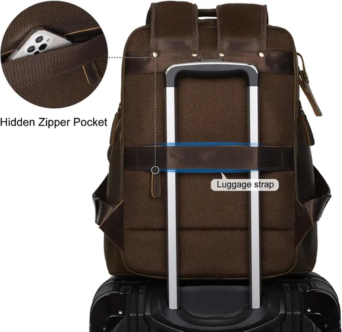 Vista 3 de TIDING Mochila para portátil de cuero vintage de 15.6 pulgadas para hombre, con múltiples bolsillos, mochila de viaje para negocios
