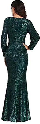 Vista 2 de Vestido de fiesta brillante con lentejuelas, corte sirena con mangas para mujer, para fiestas de graduación