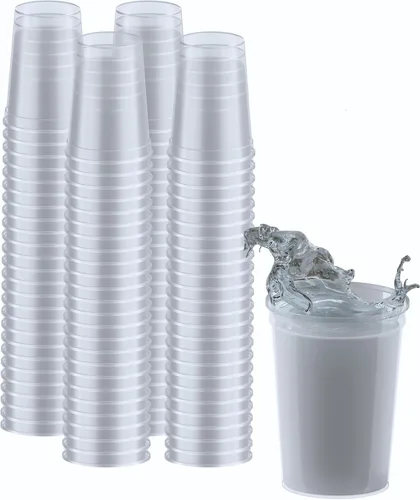 Vista 101 de PartyPrints Paquete de 100 vasos de plástico en blanco reutilizables de 10 a 12 onzas, vasos de estadio a granel, sin BPA, aptos para lavavajillas