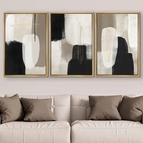 Vista 42 de SIGNFORD - Set de obras de arte en lienzo enmarcado para pared, ilustraciones abstractas de neblina del desierto en tonos neutros beige y marrón
