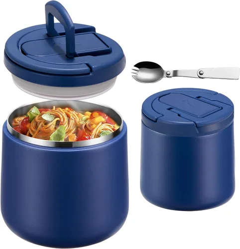 Vista 14 de Tarro aislado al vacío de 14 onzas con tapa de hebilla, termo de sopa para niños de comida caliente, boca ancha, a prueba de fugas, de acero
