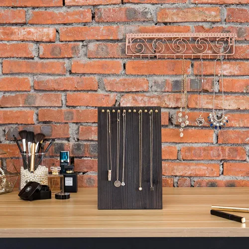 Vista 3 de MyGift Soporte para múltiples collares de madera maciza marrón rústico de 12 pulgadas, soporte de joyería independiente con 11 ganchos de clavija