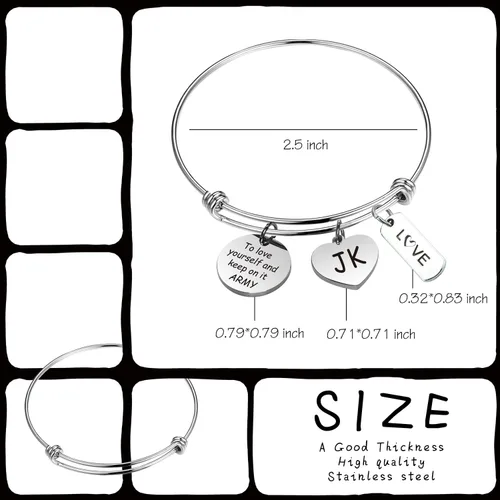 Vista 7 de LACAKU - Pulsera para niño Kpop BTS Bangtan dijes con textos en inglés amarte a ti mismo ARMY regalo de joyería para niños acero inoxidable JK BR
