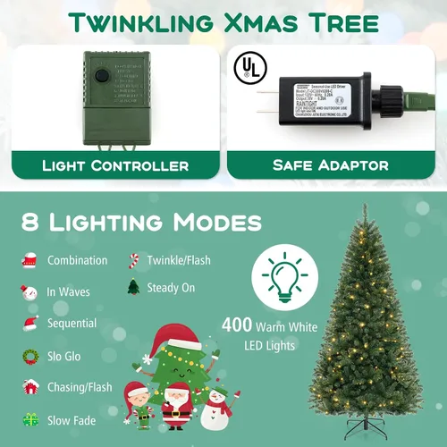 Vista 13 de DORTALA Árbol de Navidad artificial verde preiluminado de 7 pies, con bisagras, con 250 luces LED blancas cálidas, 8 modos de iluminación, 830