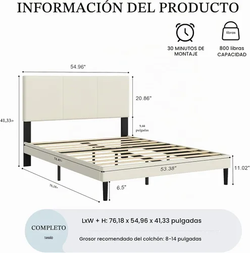 Vista 2 de IOILORI Base de cama de tamaño matrimonial con cabecera tapizada, listones de madera resistentes, no requiere somier, silencioso, fácil montaje Beige