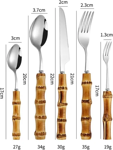 Vista 6 de Juego de cubiertos de bambú de 40 piezas para 8, juego de cubiertos de acero inoxidable 18/10 con mango de bambú, cubiertos de bambú natural