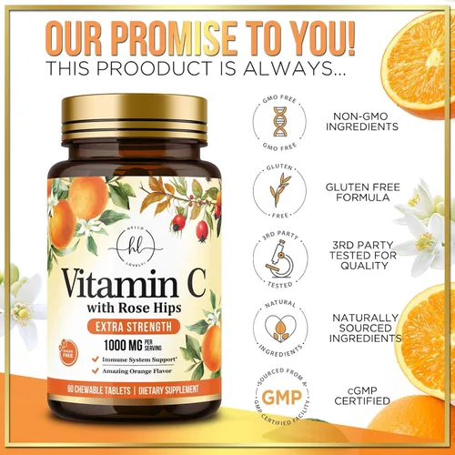 Vista 4 de Vitamin C 1000mg Per Serving - Extra Strength with Rose Hips Bioflavonoids - Sugar Free Vitamin C Chewable Pills, Vit C Supplement for Immune